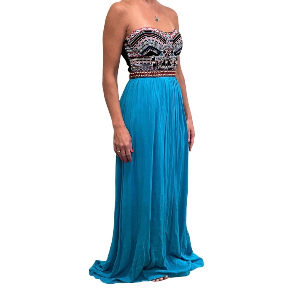Embroidered Empire waist strapless maxi dress turquoise skirt Boho gypsy fairy S